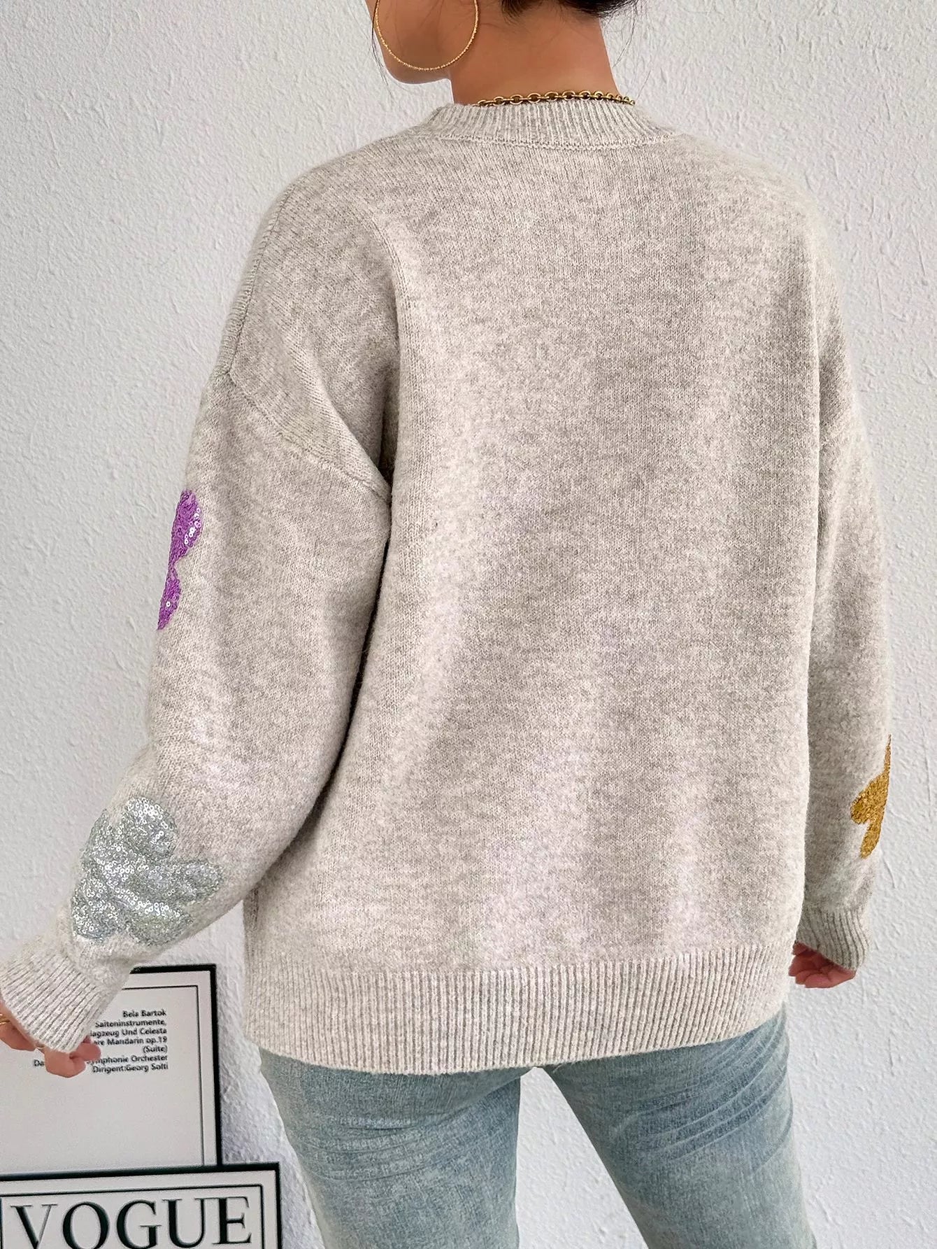 Sequined Floral Round Neck Sweater NicholesGifts