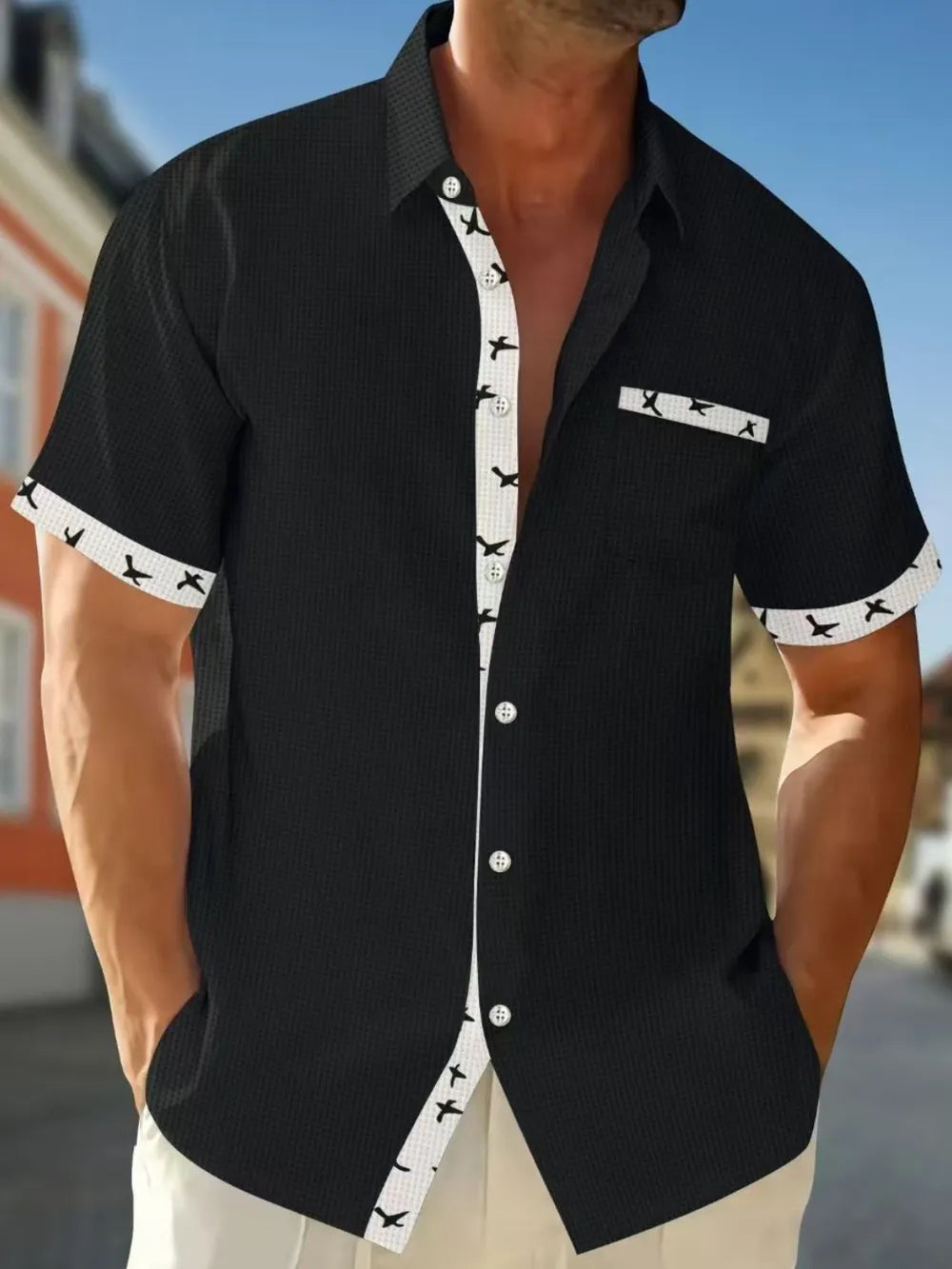 Men's Full Size Contrast Trim Waffle Knit Short Sleeve Shirt Plus Size NicholesGifts