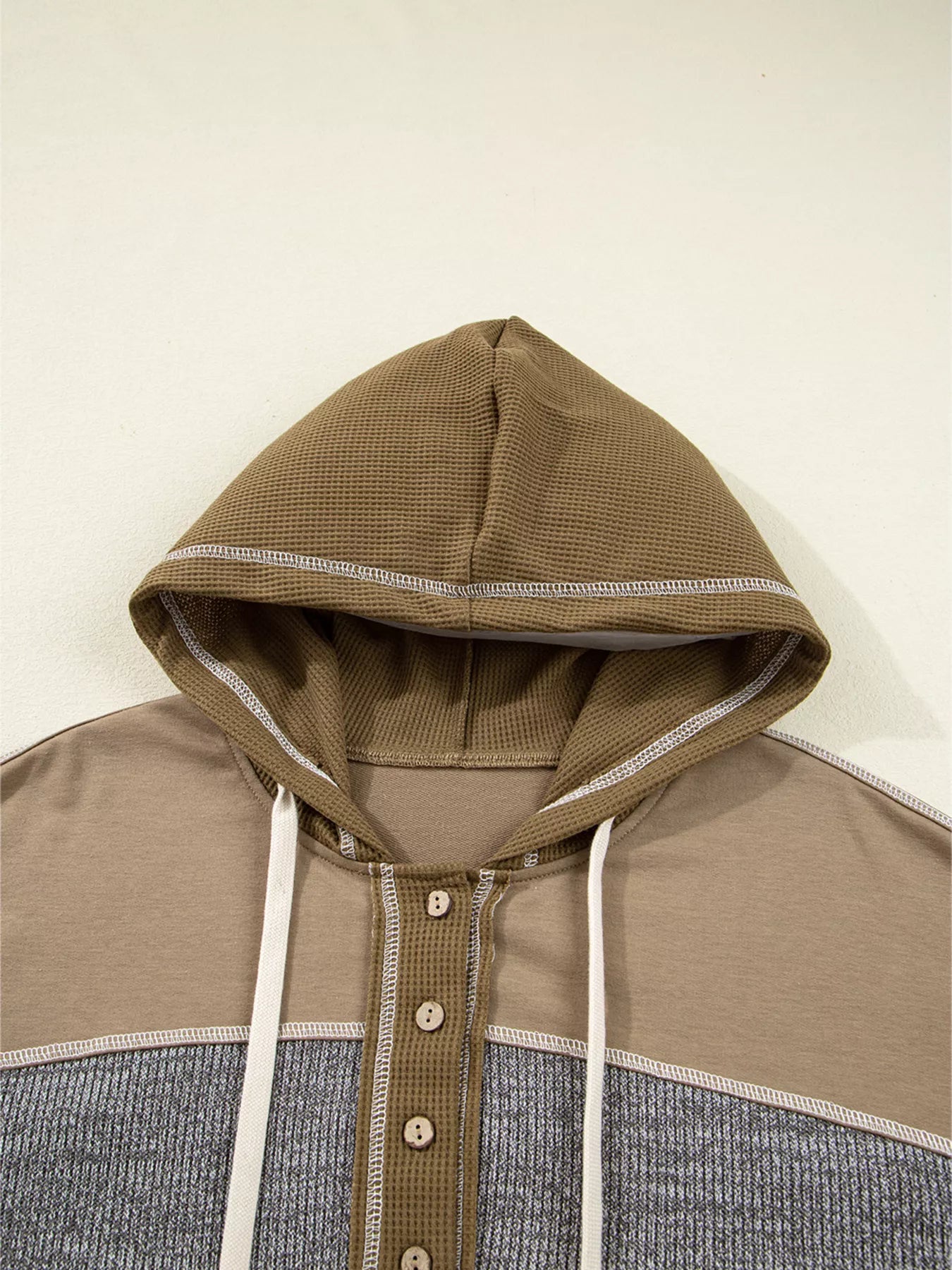 Mixed Texture Patchwork Exposed Seam Half Button Hoodie Trendsi