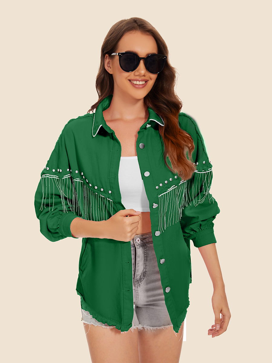 Raw Hem Fringe Detail Denim Jacket nicholesgifts