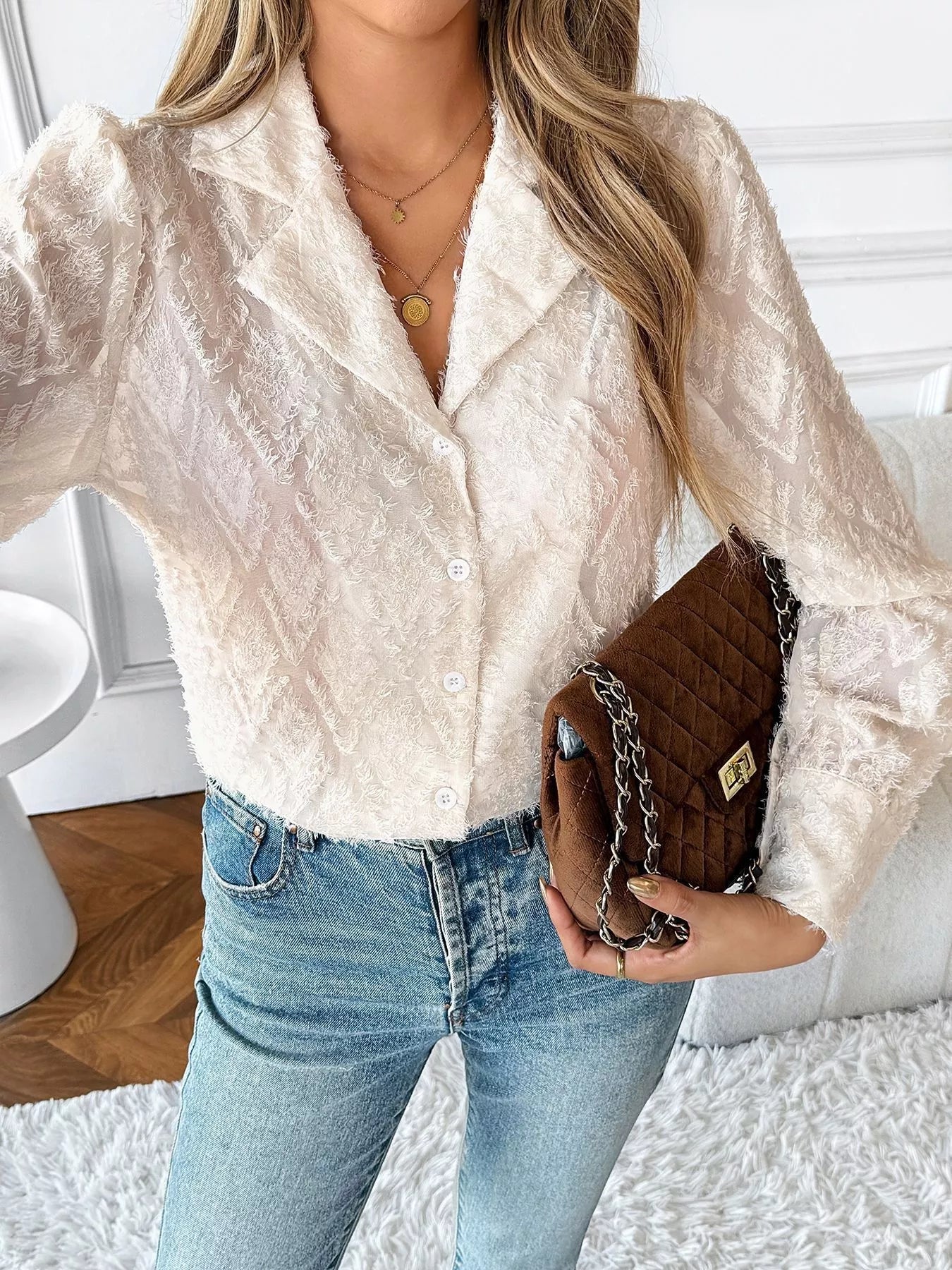 Textured Long Sleeve Button-Up Shirt NicholesGifts