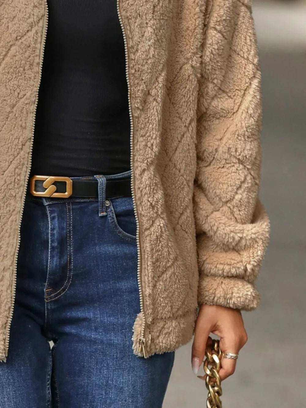 Fuzzy Pocketed Zip Up Jacket nicholesgifts