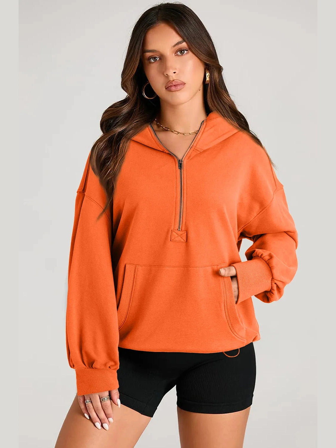 Pocketed Half Zip Long Sleeve Hoodie Trendsi