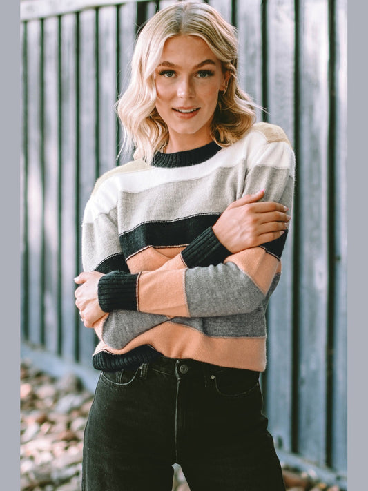Striped Round Neck Long Sleeve Sweater Trendsi