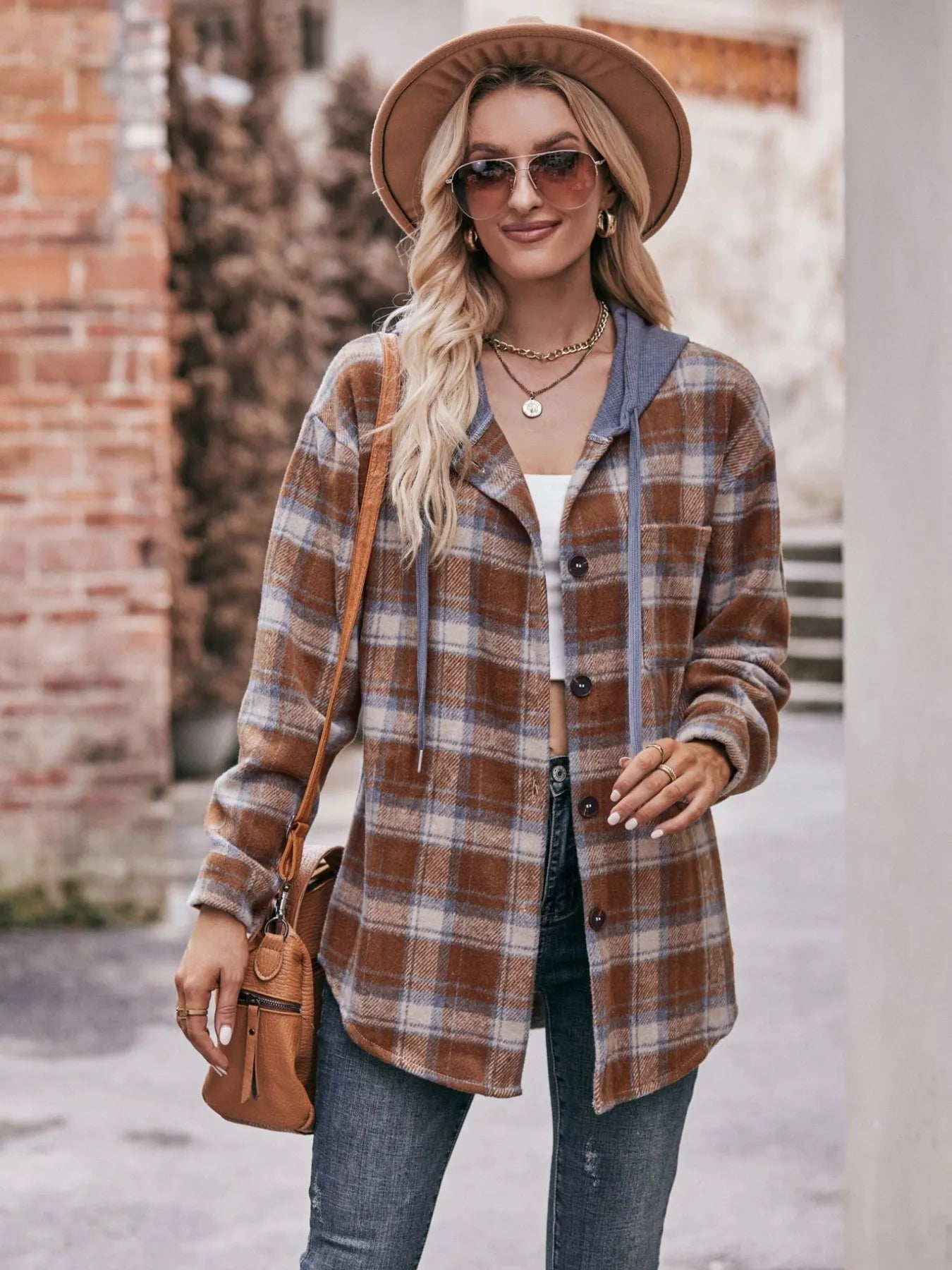 Oversized Plaid Button Up Shacket Trendsi