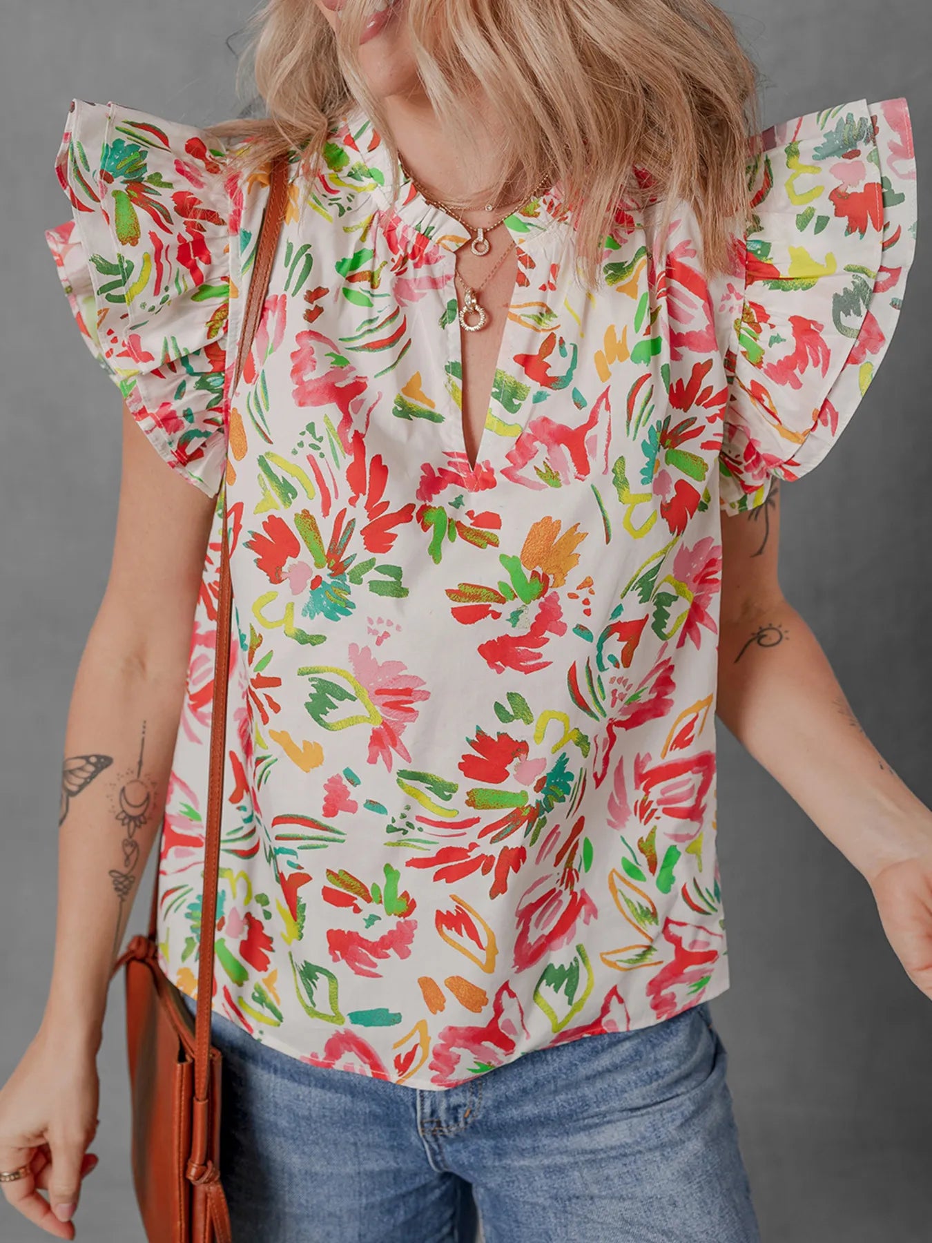 Multicolour Floral Printed Cap Sleeve Split Neck Blouse NicholesGifts