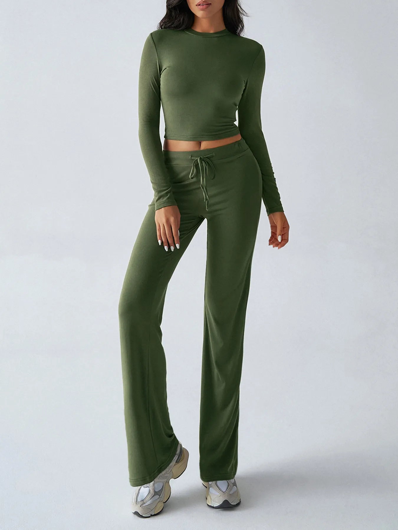 Round Neck Long Sleeve Top and Pants Set nicholesgifts