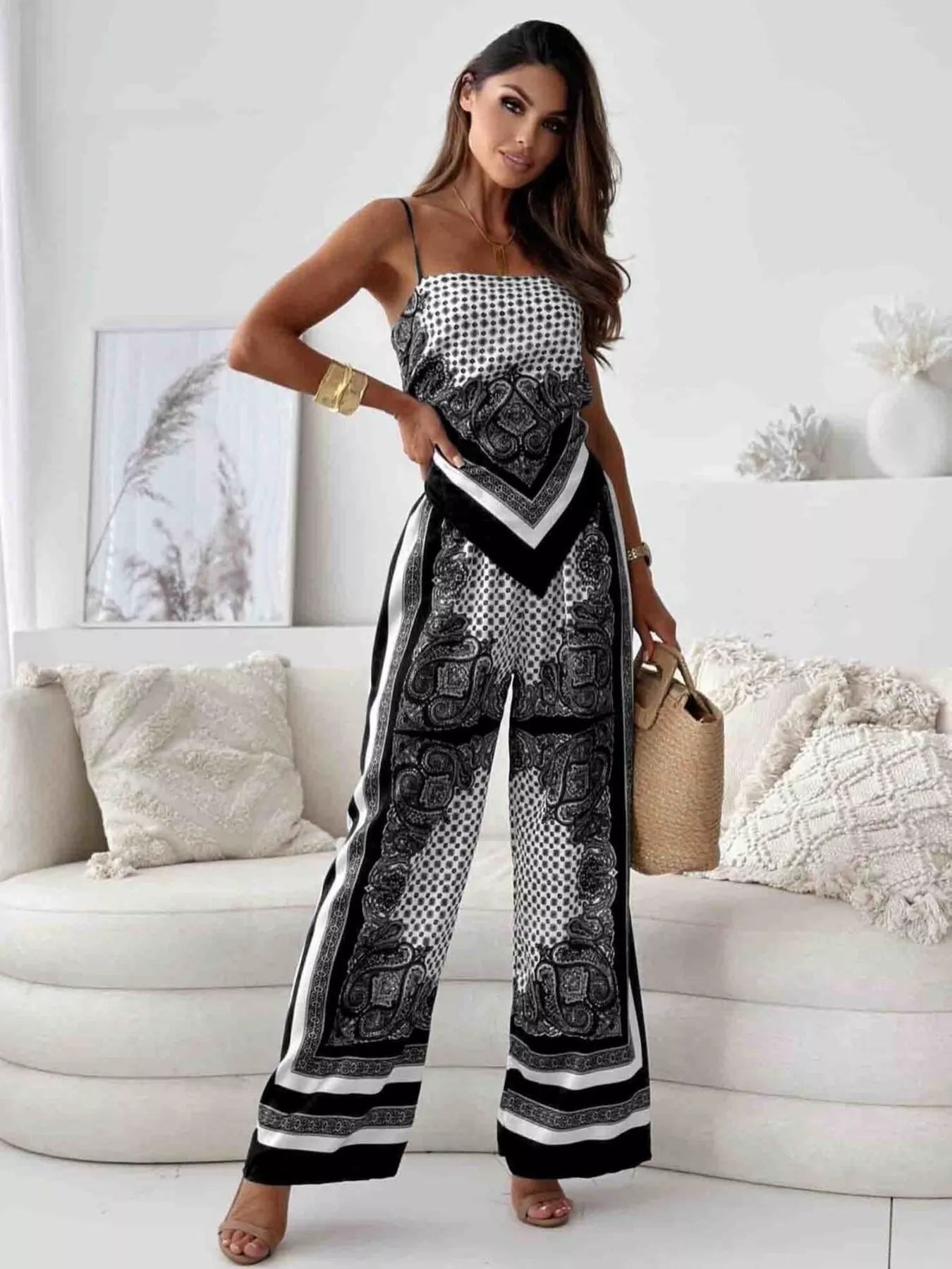 Tie Back Printed Cami and Pants Set Trendsi