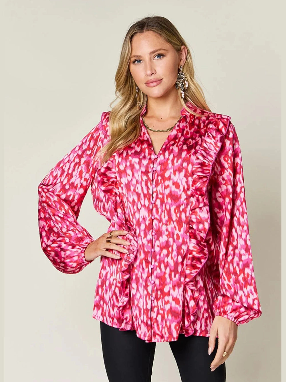 Double Take Full Size Printed Ruffle Trim Balloon Sleeve Shirt nicholesgifts