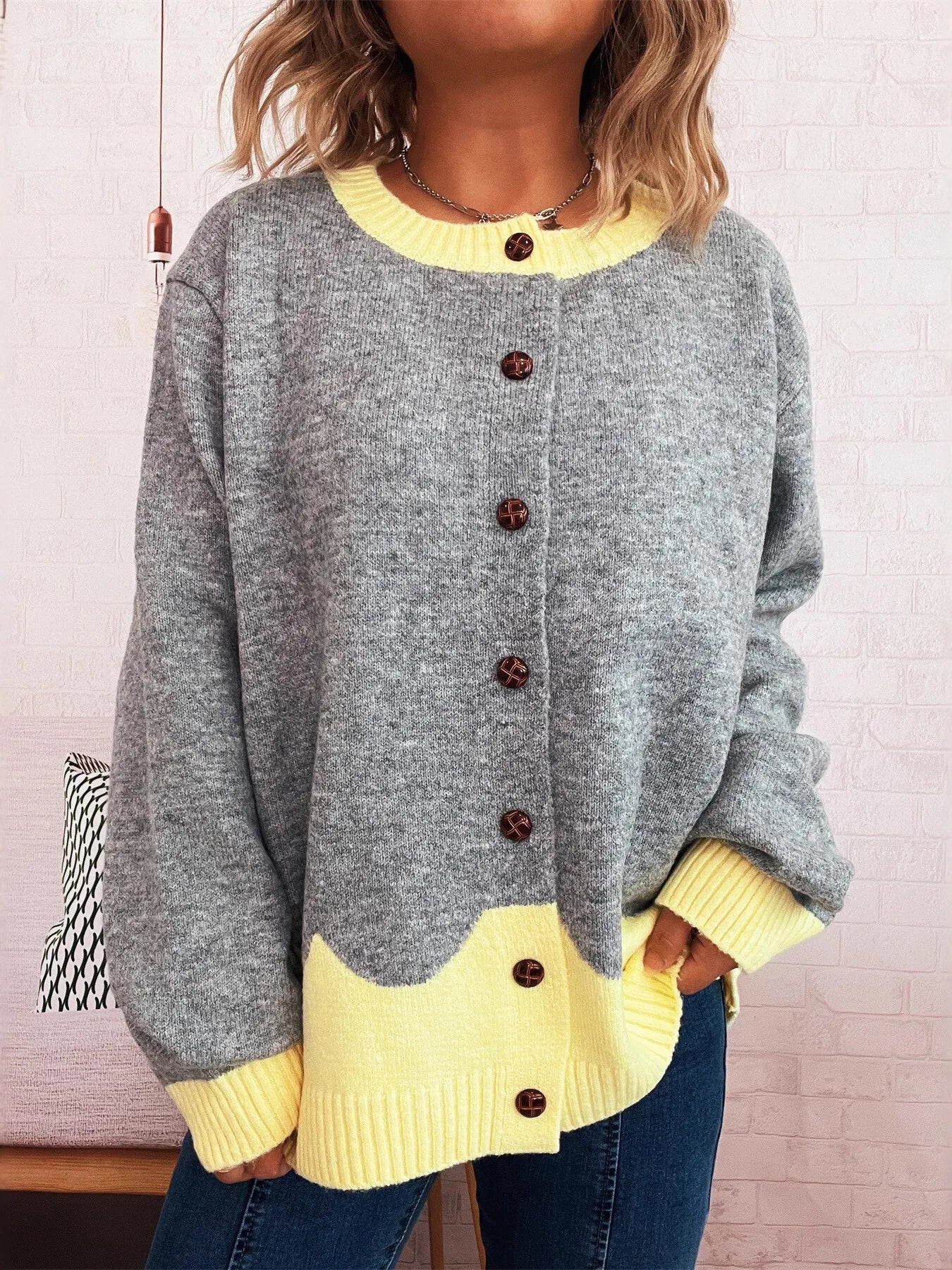 Button-Front Contrast Trim Cardigan