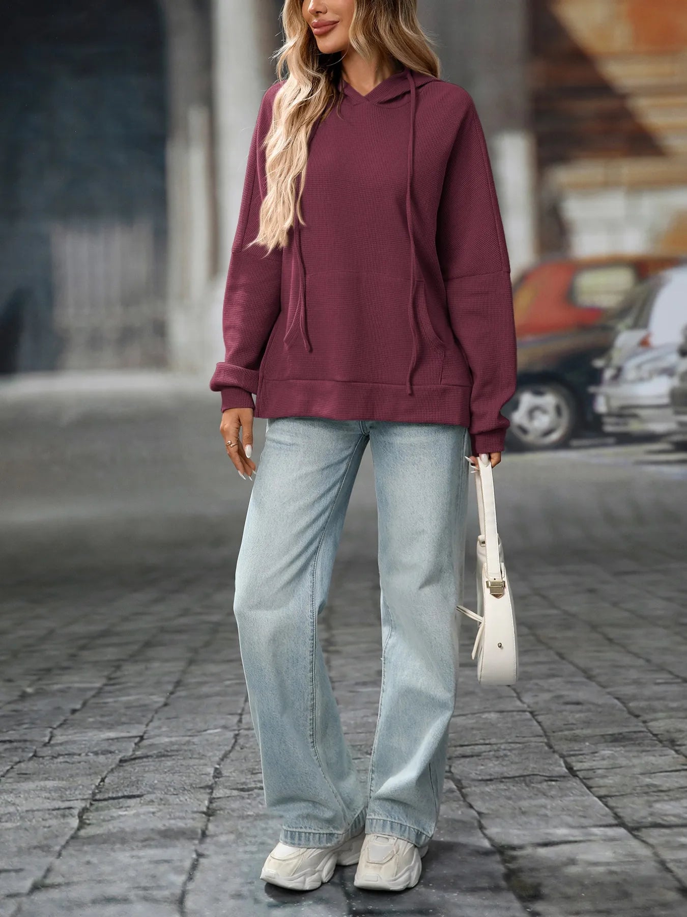 Textured Drawstring Long Sleeve Hoodie