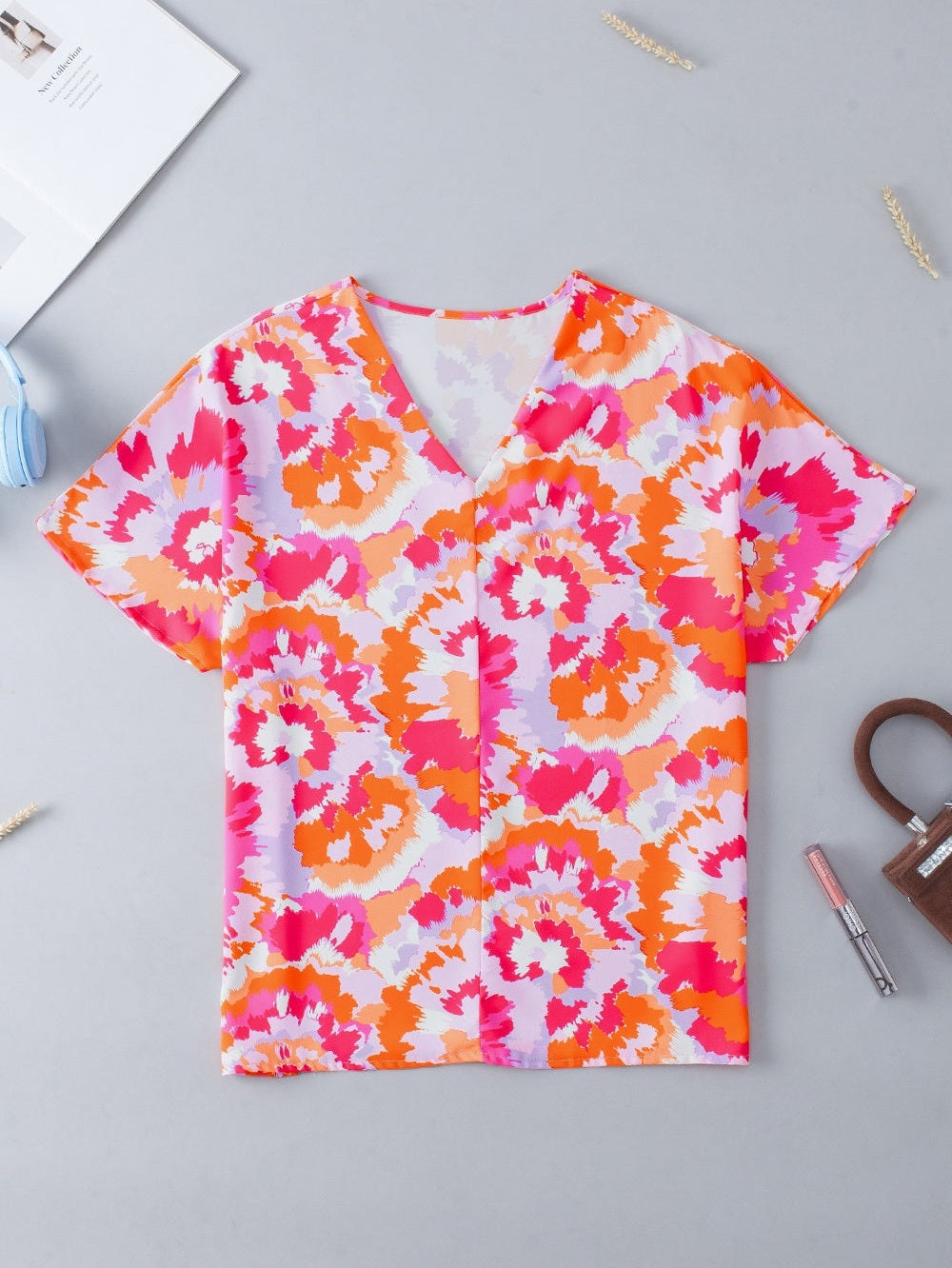 Printed V-Neck Short Sleeve Blouse nicholesgifts