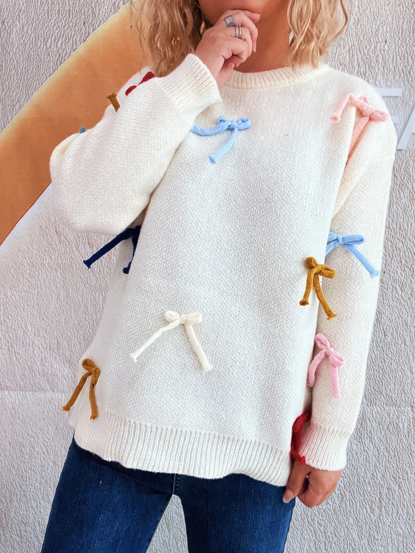 Colorful Bow Round Neck Sweater