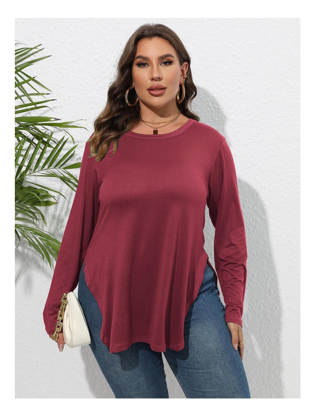 Women Plus Size Round Neck Long Sleeve Slit T-Shirt nicholesgifts