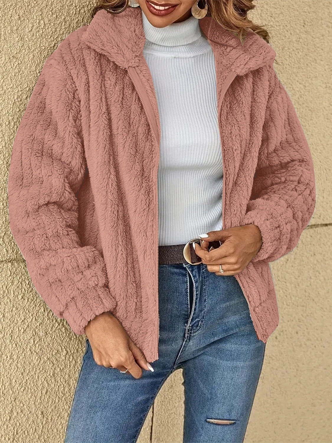 Plush Zip Up Long Sleeve Jacket nicholesgifts