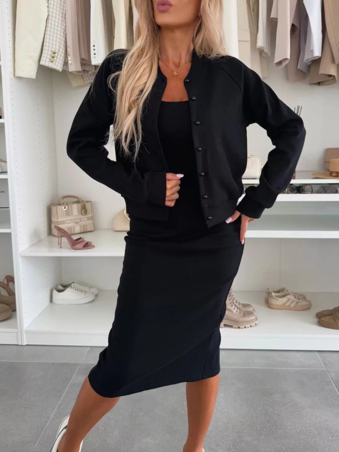 Women Full Size Slit Square Neck Dress and Outerwear Set Plus Size nicholesgifts