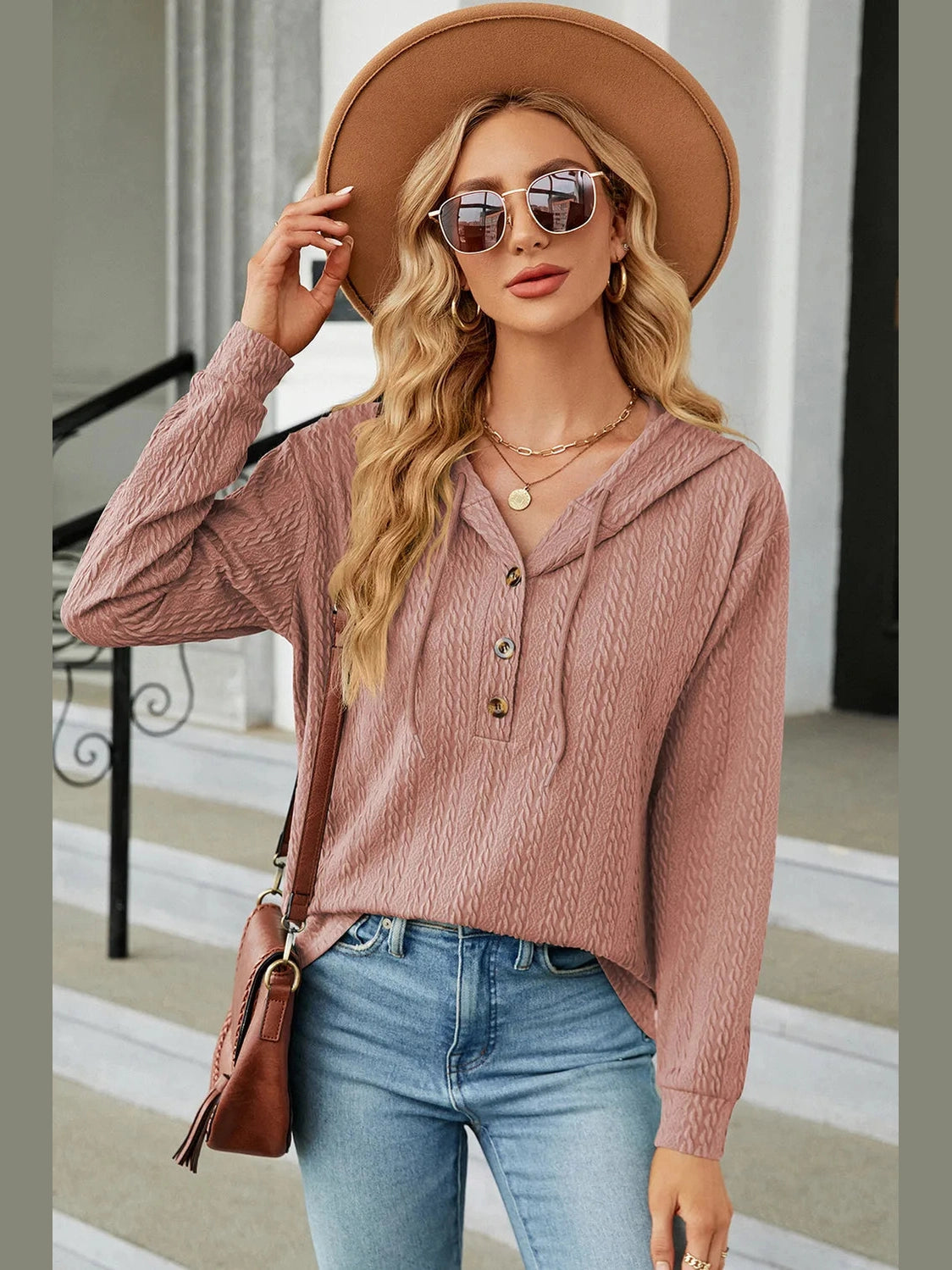 Drawstring Half Button Long Sleeve Hoodie nicholesgifts