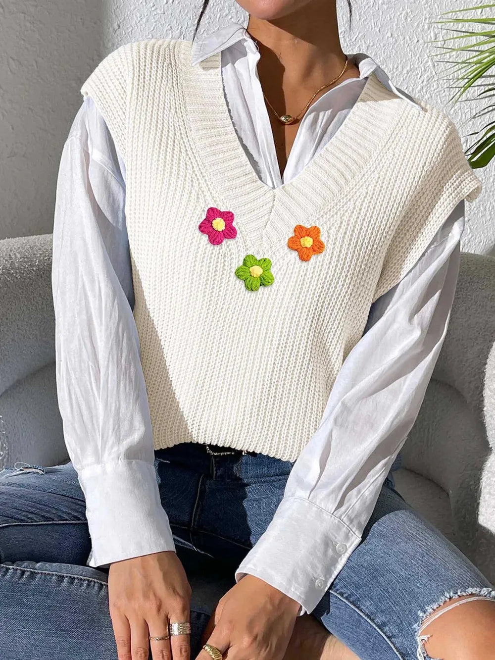 Flower V-Neck Sweater Vest nicholesgifts