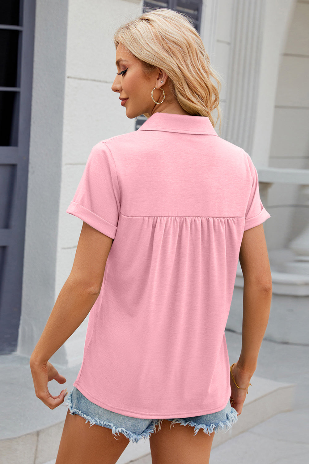 Ruched Johnny Collar Short Sleeve Blouse nicholesgifts