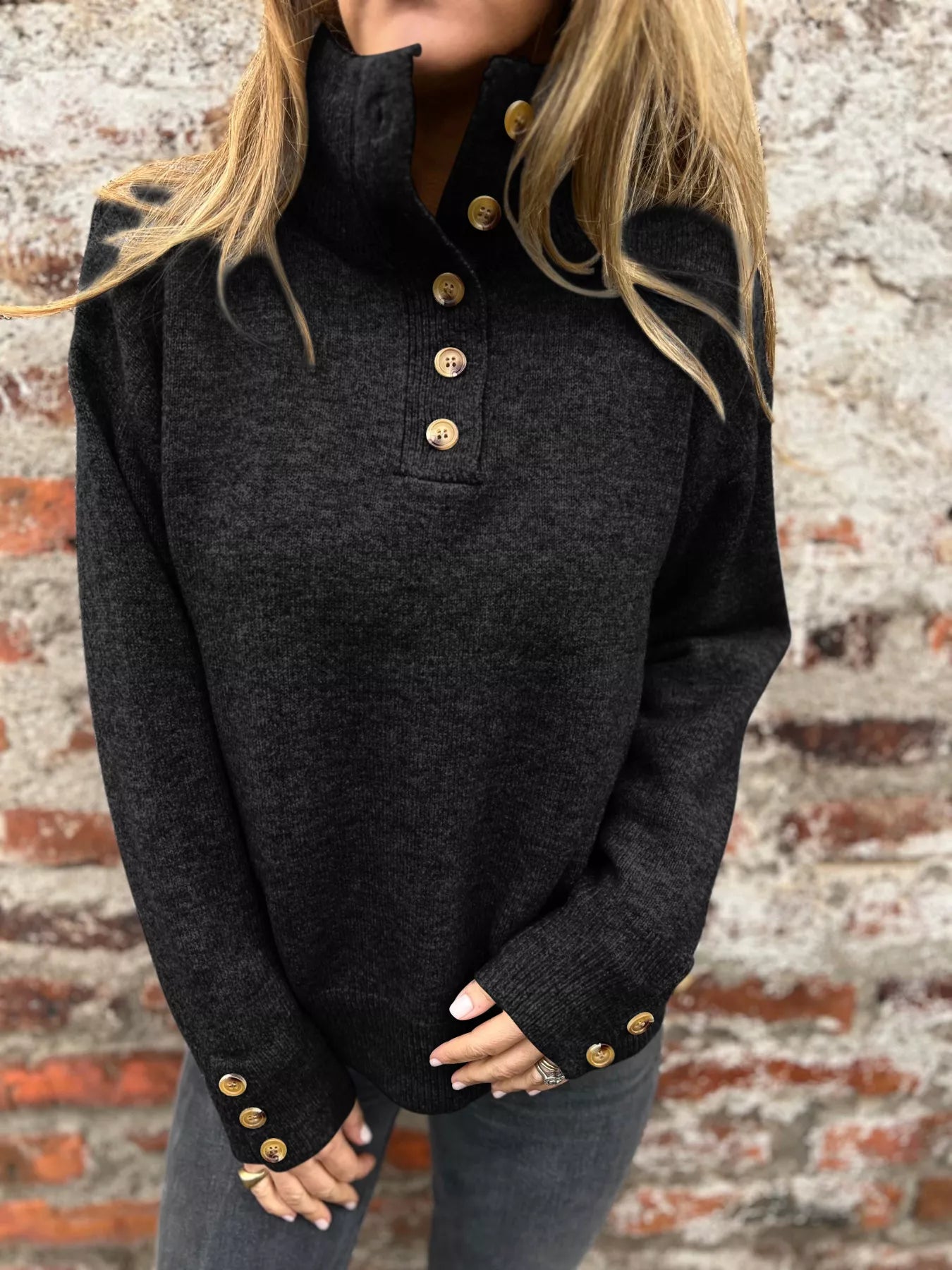 Full Size Button-Detail Turtleneck Sweater Plus Size