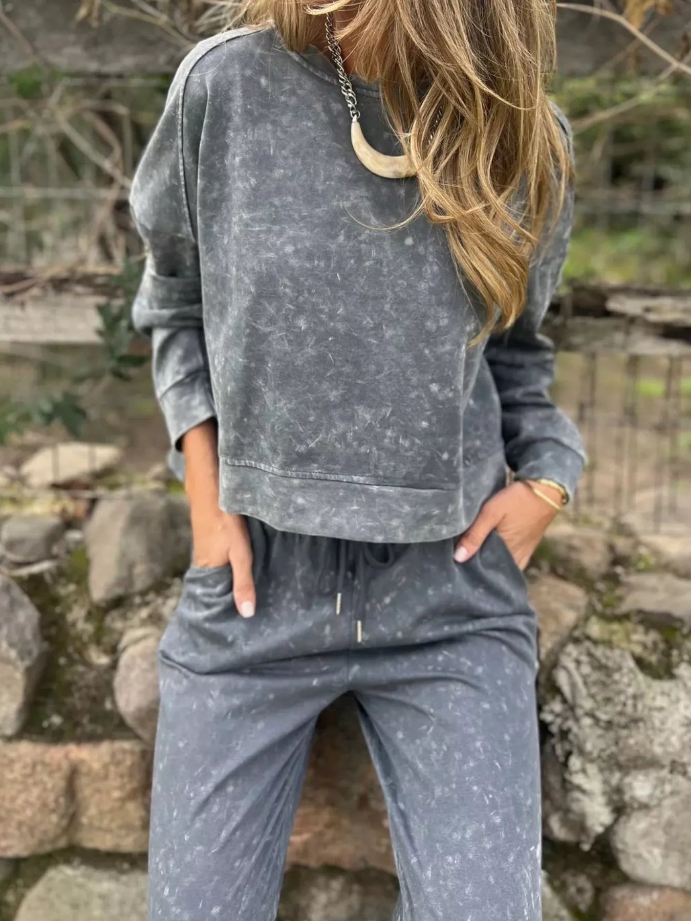 Full Size Washed Round Neck Top and Drawstring Pants Set Plus Size nicholesgifts