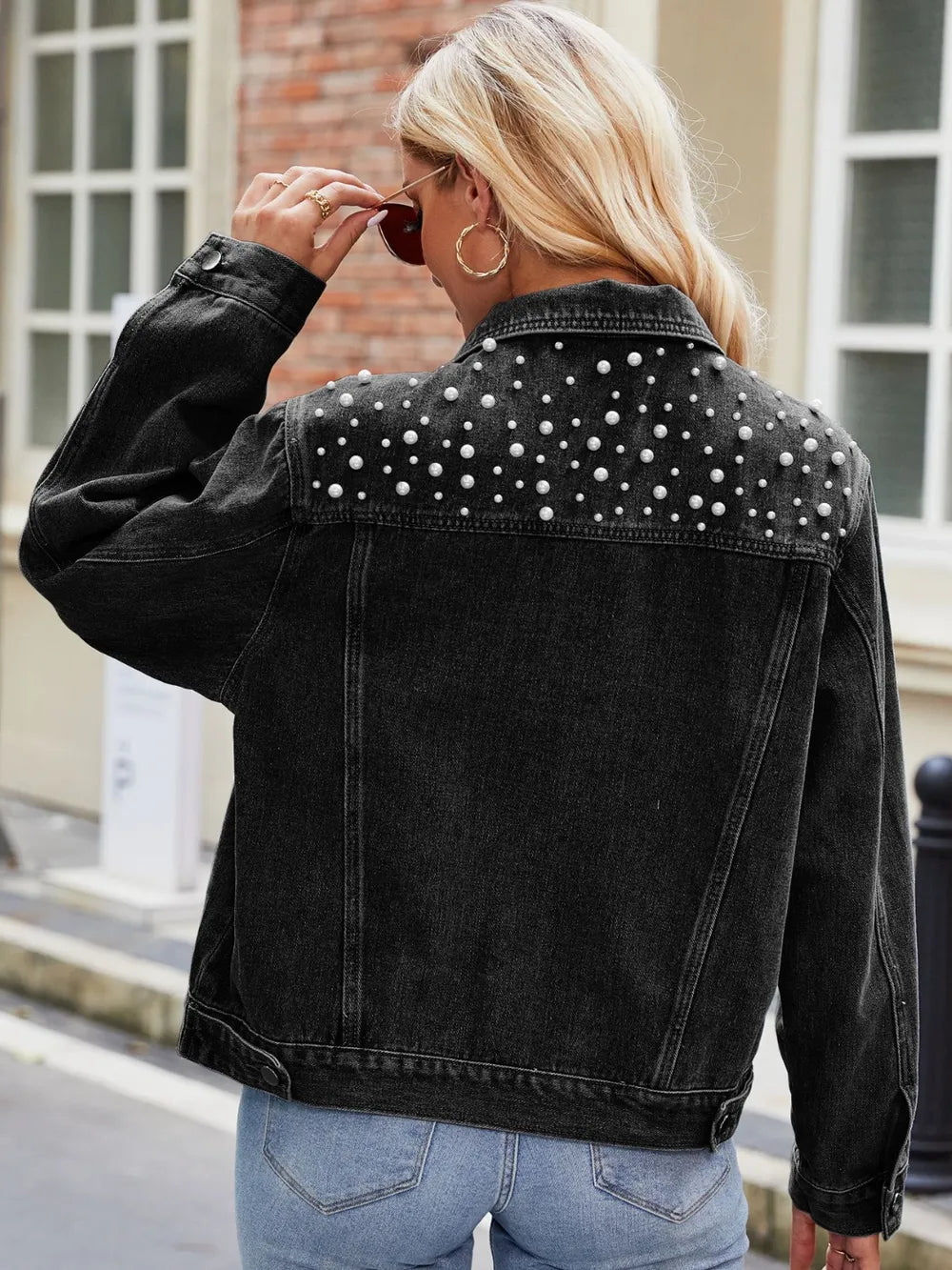 Pearl Detail Collared Neck Long Sleeve Denim Jacket nicholesgifts