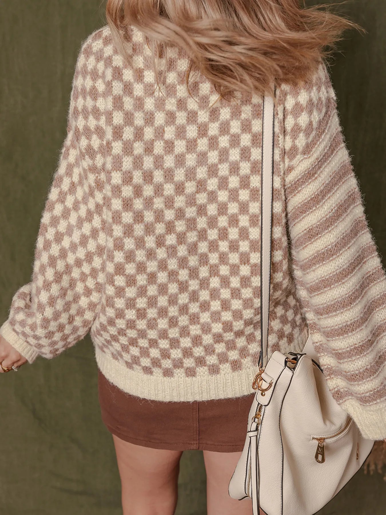 Stripe Checkerboard Drop Shoulder Balloon Sleeve Sweater Trendsi