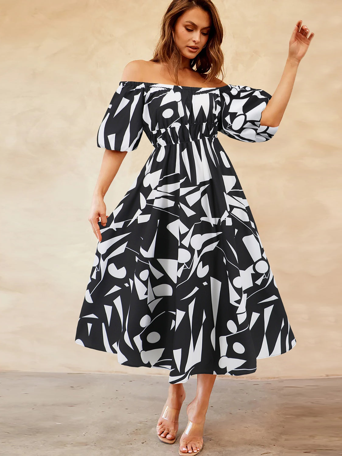 Printed Off-Shoulder Balloon Sleeve Dress nicholesgifts