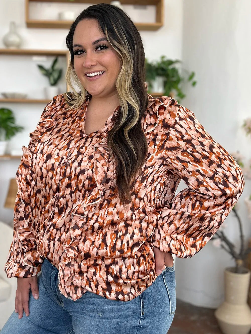 Double Take Full Size Printed Ruffle Trim Balloon Sleeve Shirt nicholesgifts