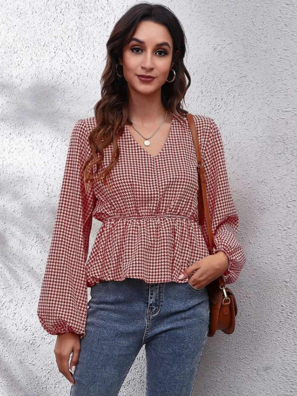 Ruched Printed V-Neck Long Sleeve Blouse nicholesgifts