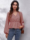 Ruched Printed V-Neck Long Sleeve Blouse nicholesgifts