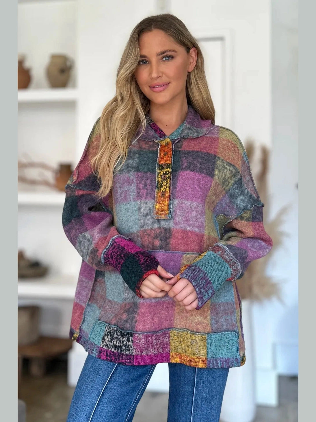 Double Take Full Size Plaid Dropped Shoulder Fleece Hoodie Trendsi