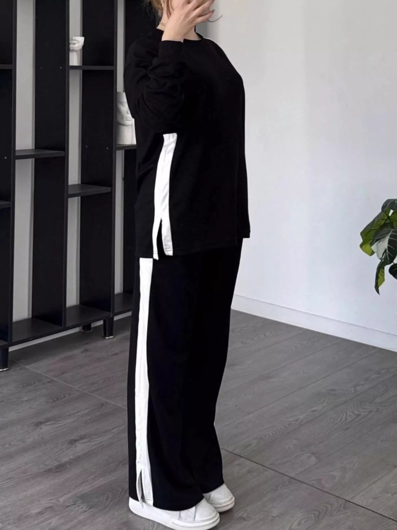 Full Size Contrast Round Neck Top and Pants Set Plus Size nicholesgifts