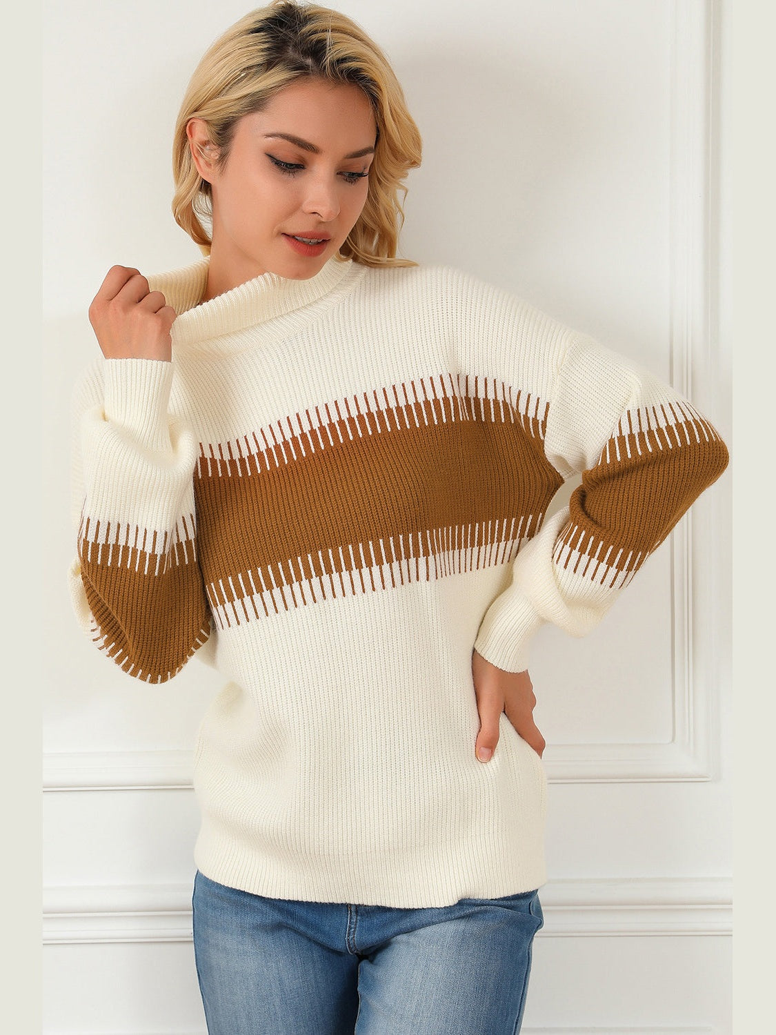 Contrast Turtleneck Long Sleeve Sweater Trendsi