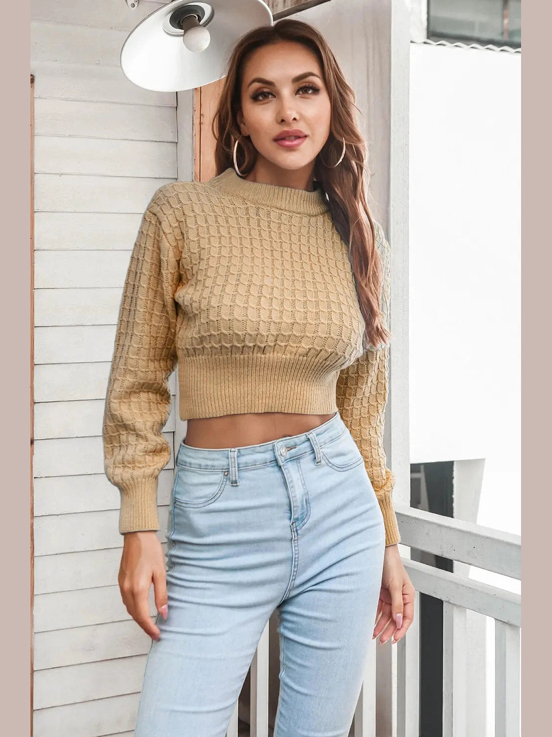 Round Neck Long Sleeve Cropped Sweater Trendsi