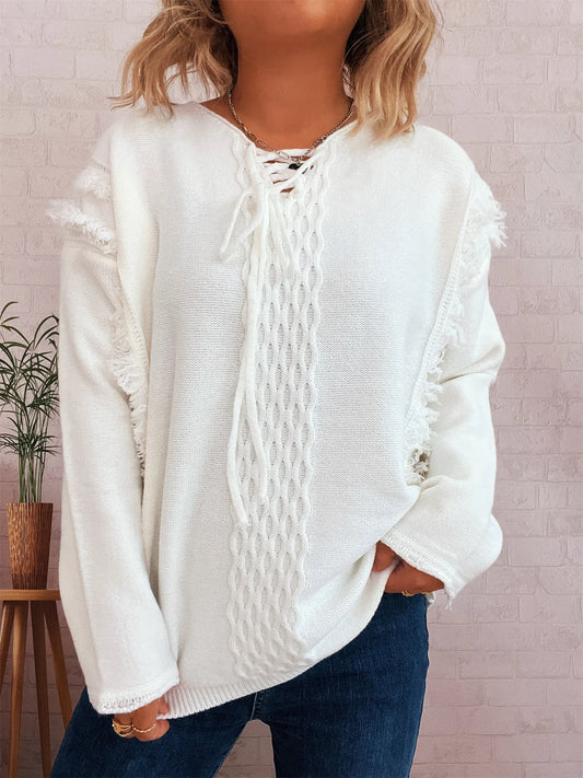 Raw Hem Lace Up Front Sweater Trendsi