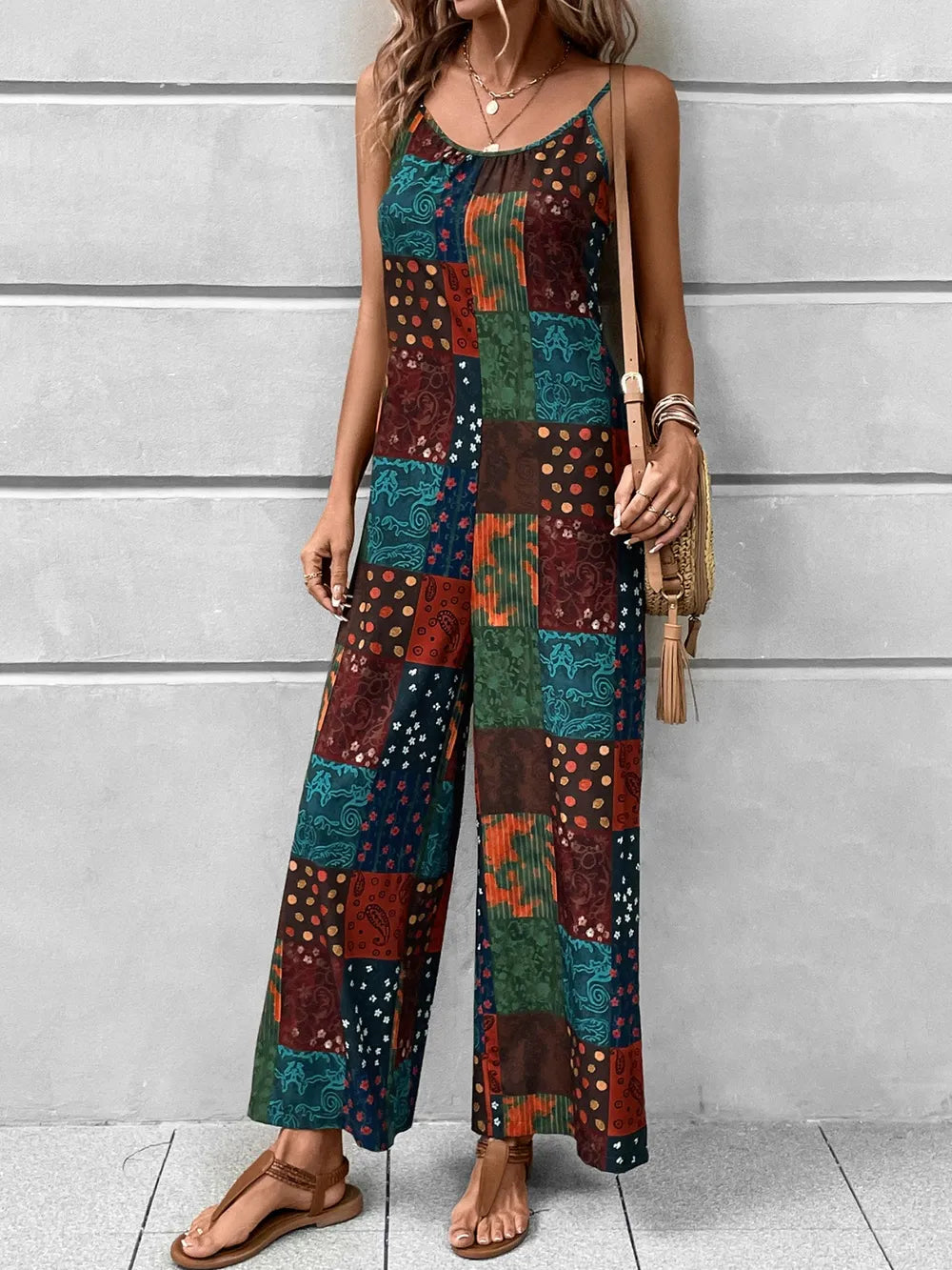 Printed Scoop Neck Spaghetti Strap Jumpsuit nicholesgifts