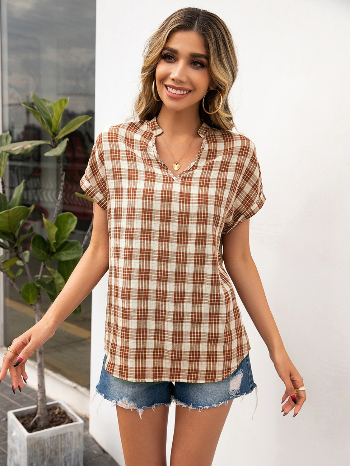 Plaid Notched Short Sleeve Blouse nicholesgifts