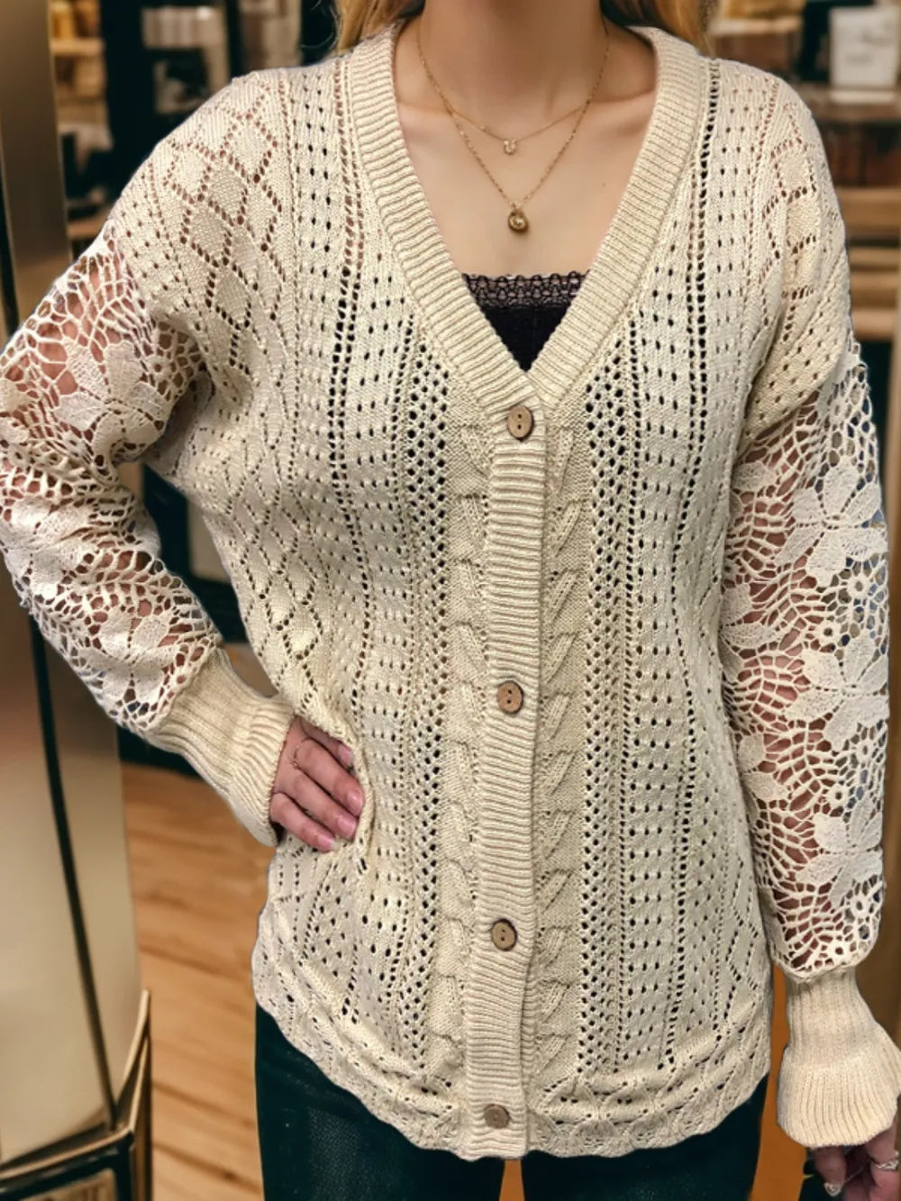 Eyelet Button Up Lantern Sleeve Cardigan nicholesgifts