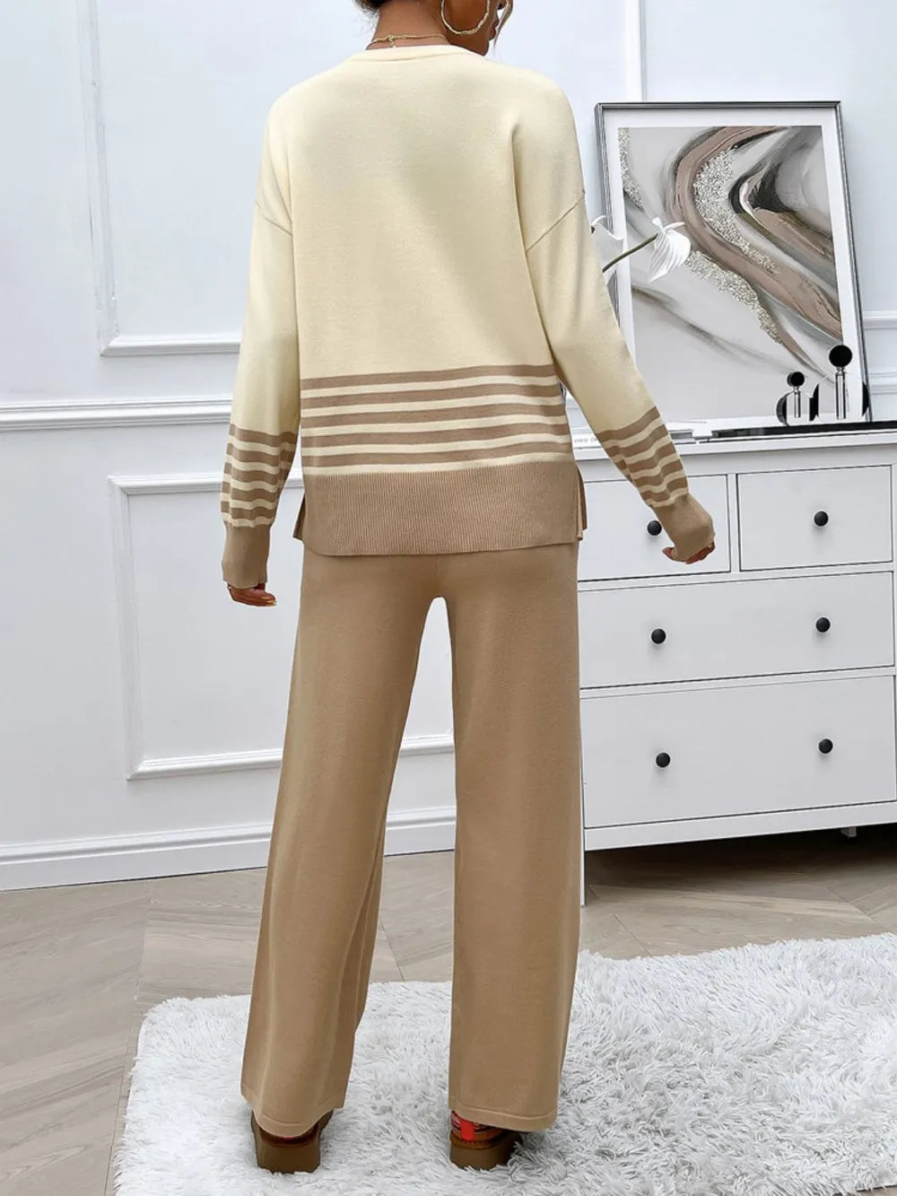 Devine Slit Striped Round Neck Top and Pants Sweater Set nicholesgifts