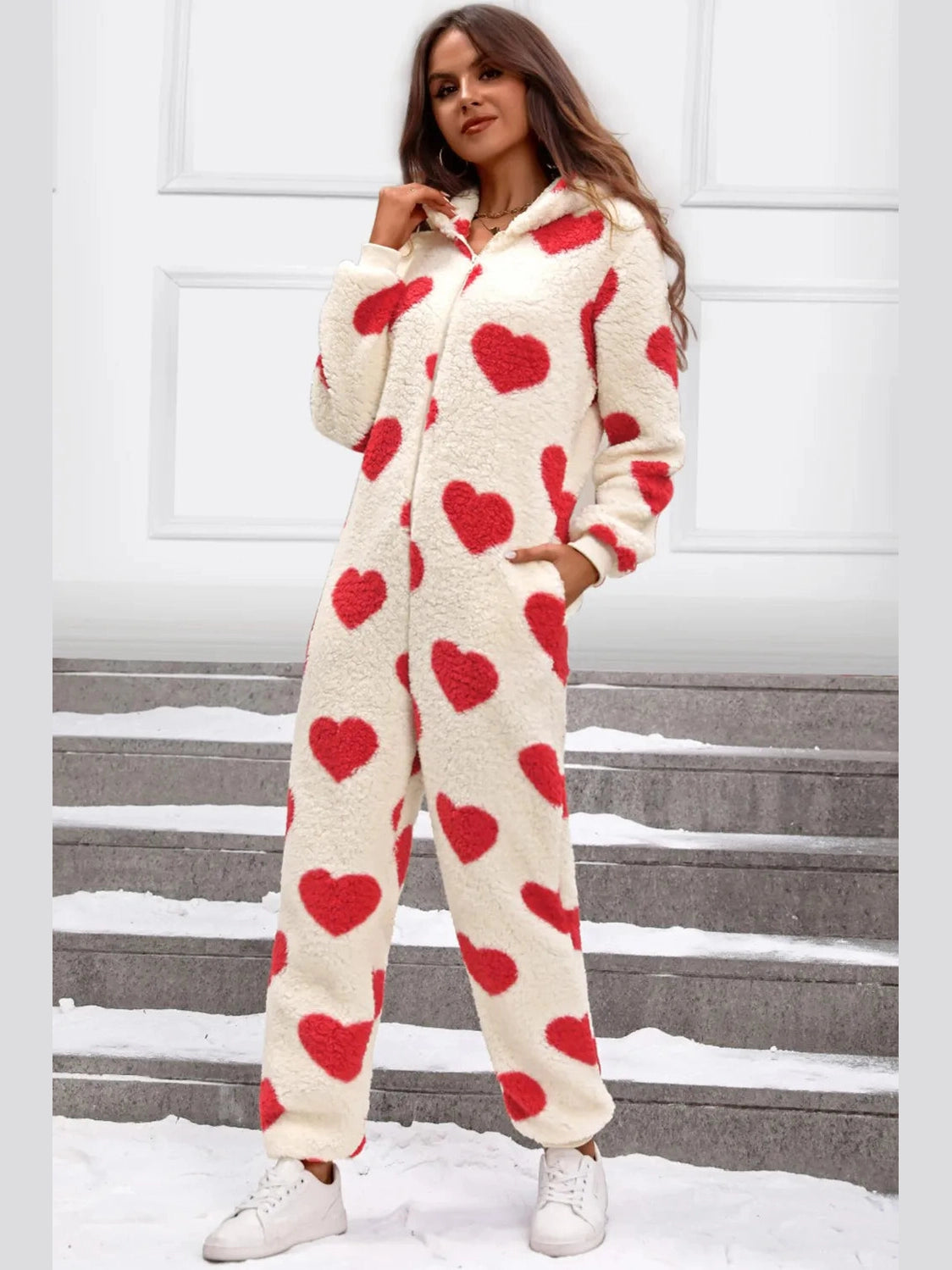 Fuzzy Heart Zip Up Hooded Lounge Jumpsuit nicholesgifts