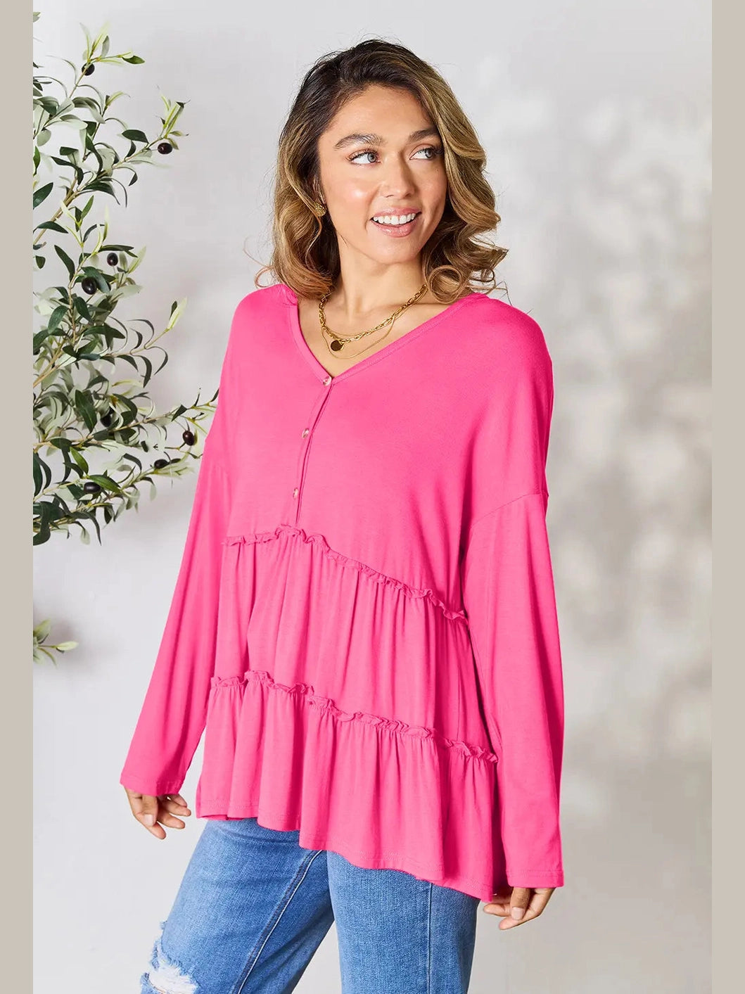 Double Take Half Button Long Sleeve Ruffle Hem Blouse nicholesgifts