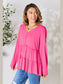 Double Take Half Button Long Sleeve Ruffle Hem Blouse nicholesgifts