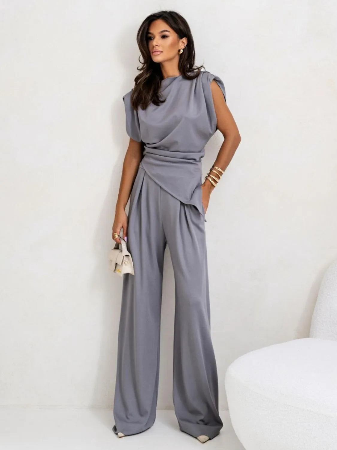 Slit Ruched Top and Wide Leg Pants Set NicholesGifts