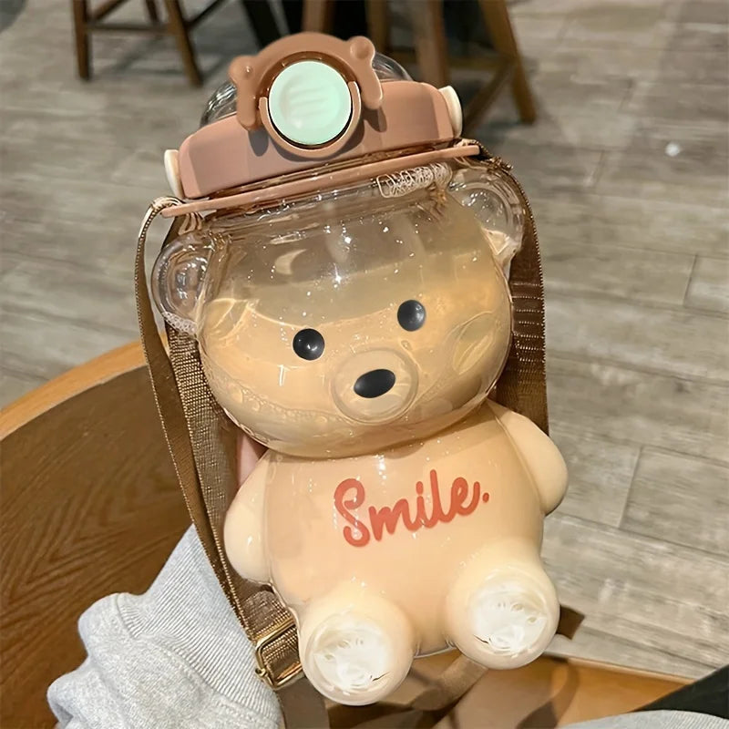 Cute Bear 1000ml Water Bottle - 2-in-1 Straw Cup for Kids, BPA Free & Leakproof - Perfect for School & Sports Gifts!