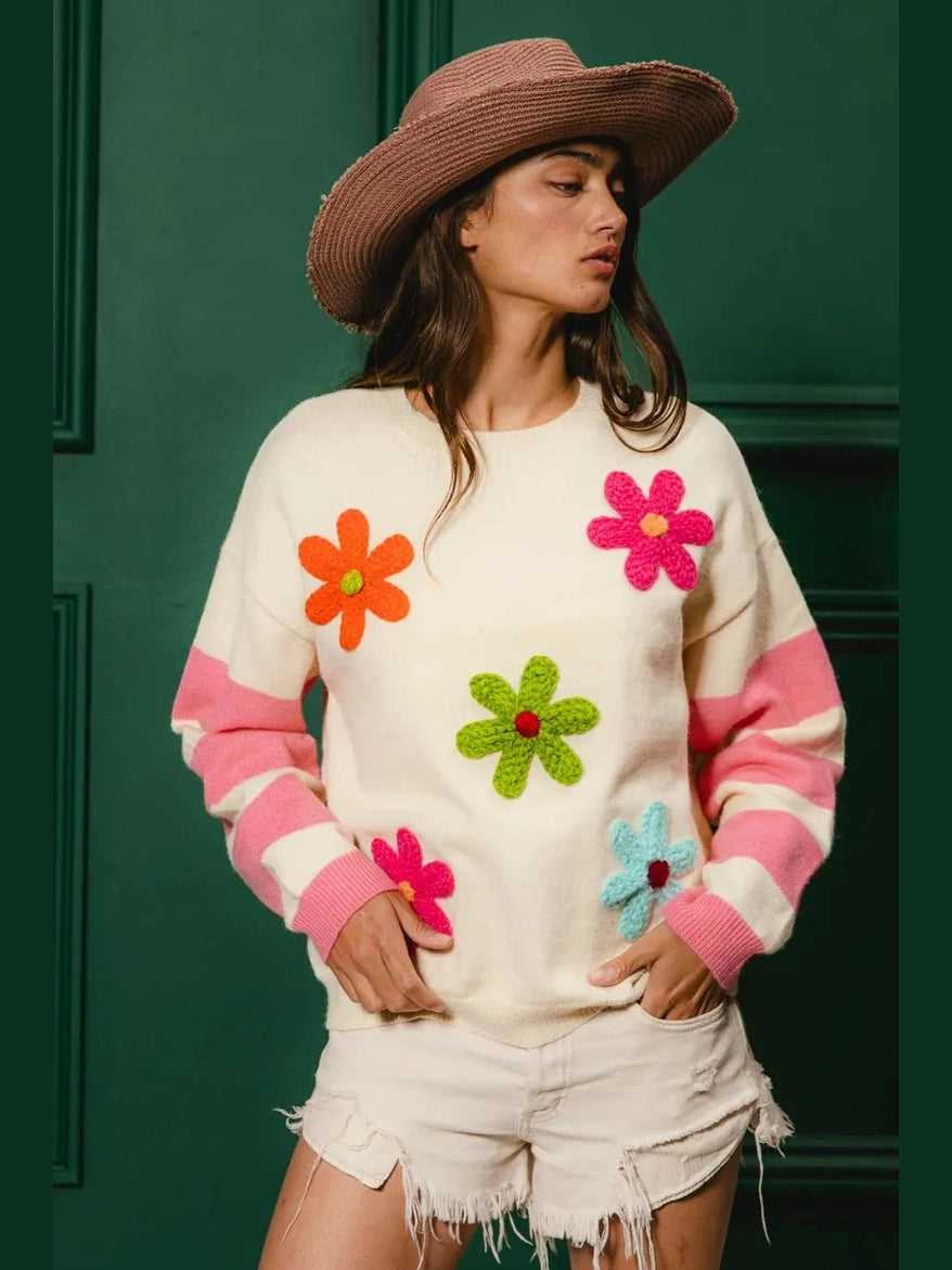 BiBi Colorful Floral Patched Sweater with Striped Sleeve Trendsi