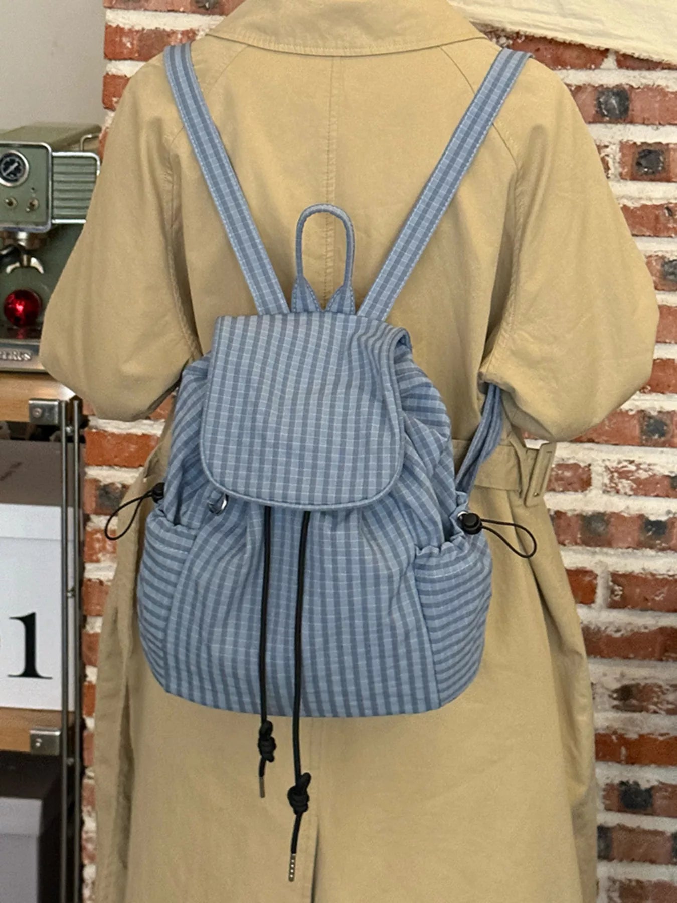 Plaid Drawstring Closure Backpack Bag nicholesgifts