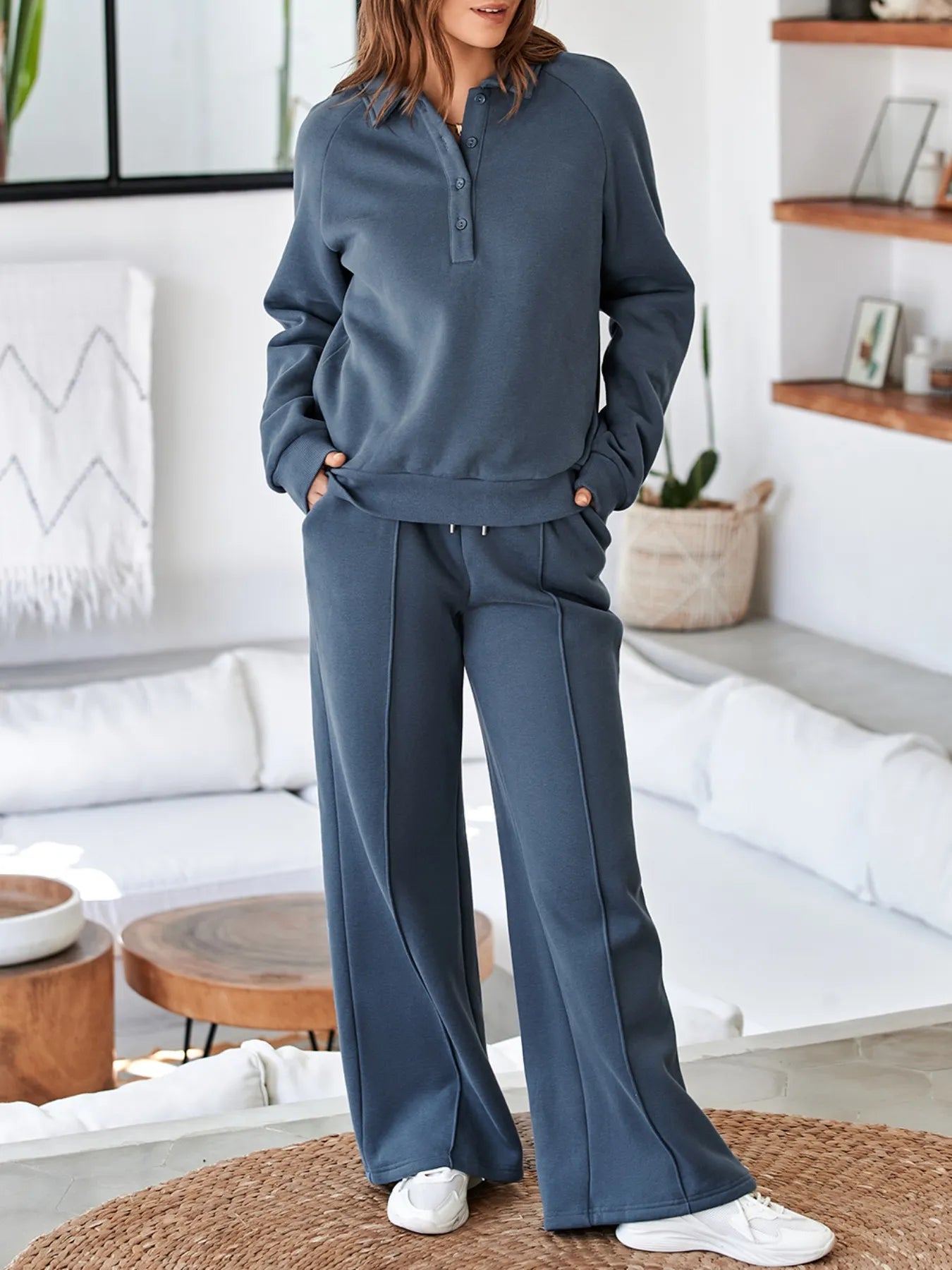 Collared Sweatshirt and High Waist Pants Active Set nicholesgifts