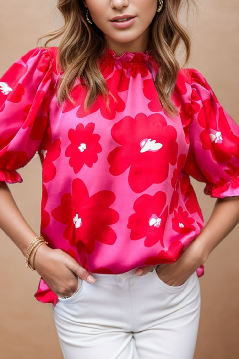 Ruffled Printed Mock Neck Short Sleeve Blouse nicholesgifts