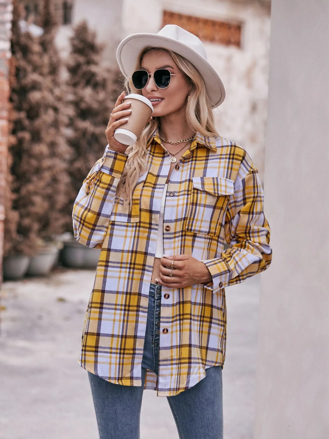 Plaid Button-Down Long Sleeve Shirt Trendsi